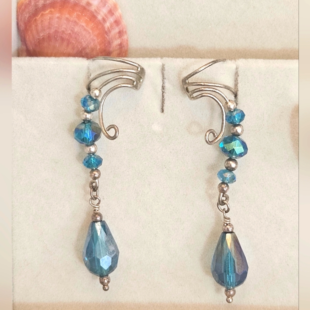 925 Teal Blue Briolette Crystal Dangle Ear Cuff Ear Charm Pair Sterling Silver